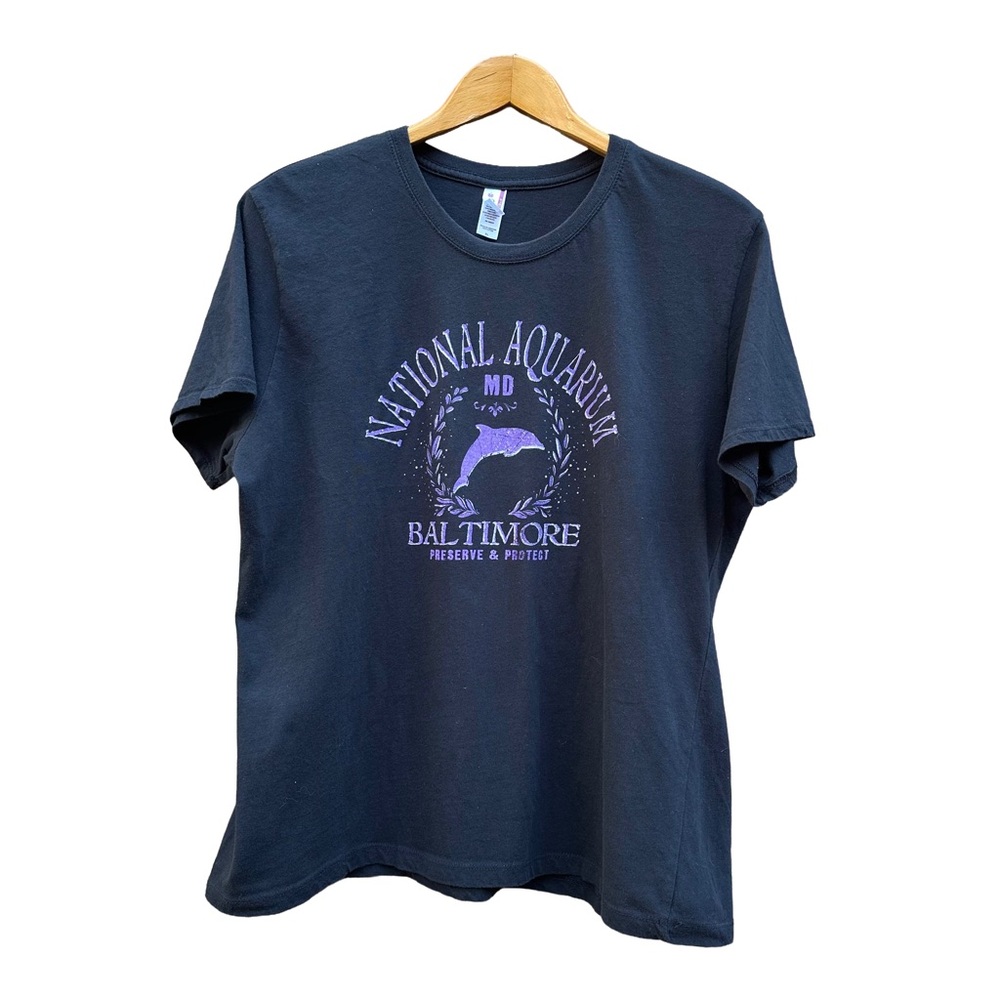 National Aquarium Baltimore Maryland Black T-Shirt Purple Dolphin Women XL Boxy